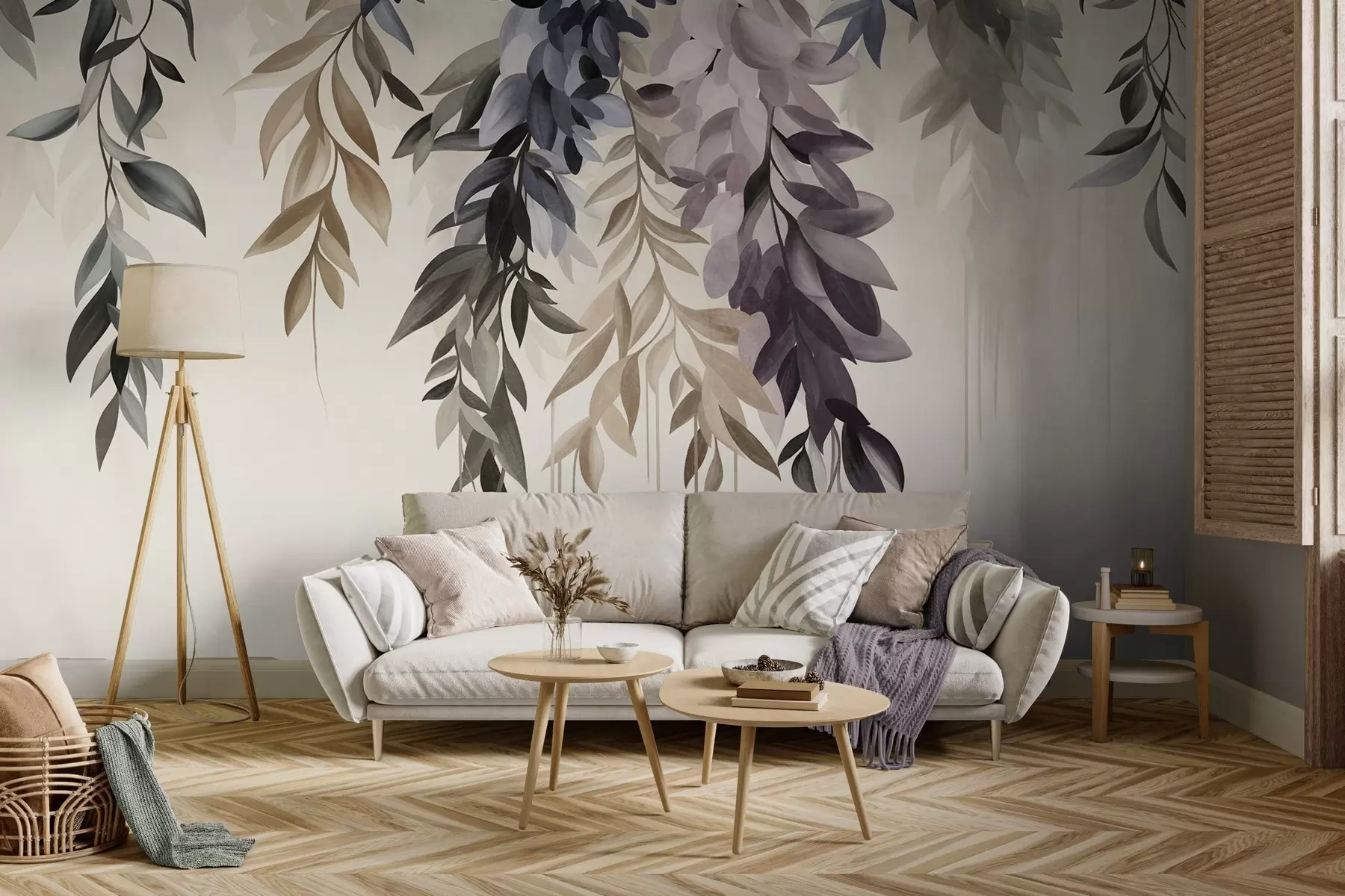 Papier peint Feuilles abstraites retombantes dans des tons de violet, de bleu et de beige, dotées de tiges longues et fines w10057