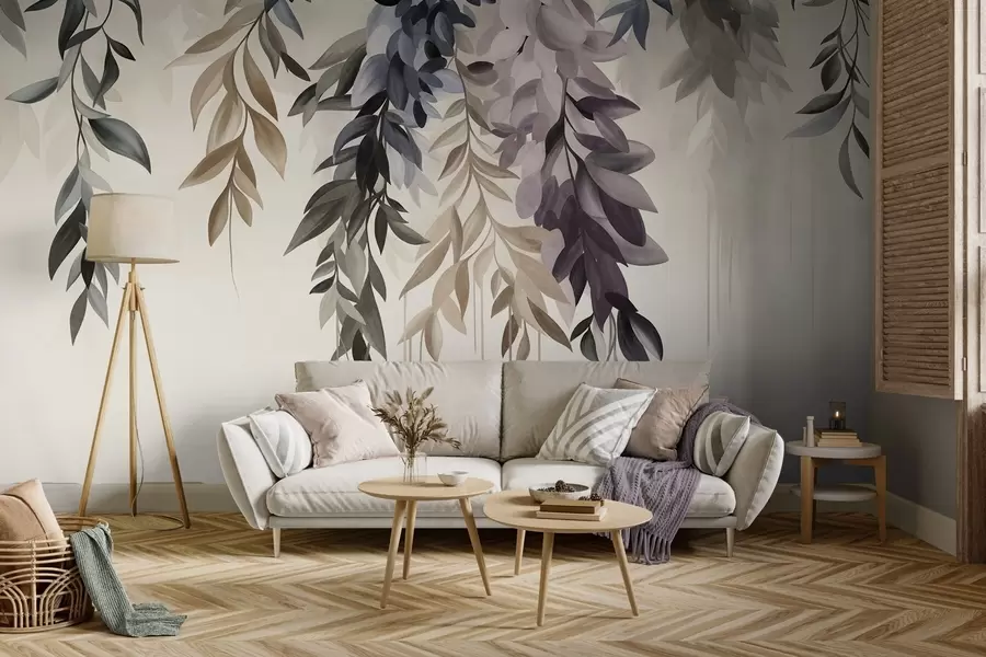 Papier peint Feuilles abstraites retombantes dans des tons de violet, de bleu et de beige, dotées de tiges longues et fines w10057