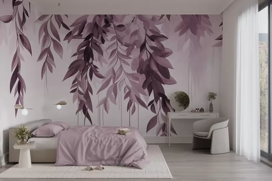 Papier peint Feuilles abstraites retombantes dans des tons de violet et de rose, dotées de tiges longues et fines w10057v1