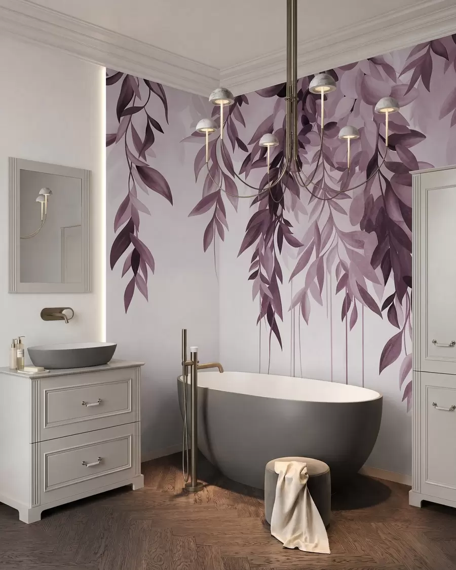 Papier peint Feuilles abstraites retombantes dans des tons de violet et de rose, dotées de tiges longues et fines w10057v1