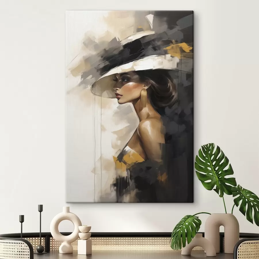 Tableau Jeune femme abstraite coiffée d'un chapeau, imitant un tableau s50845