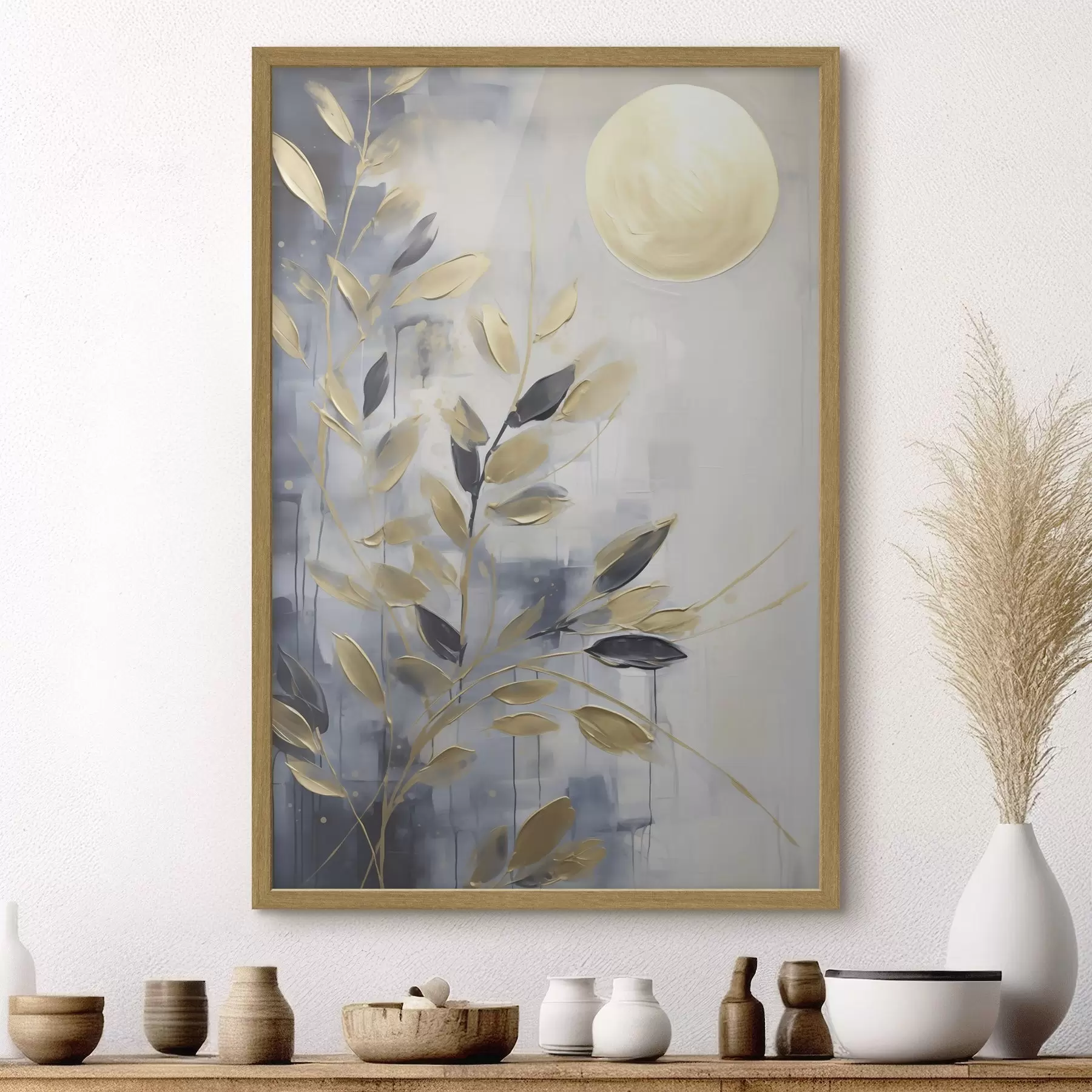 Papier peint Branches abstraites avec des feuilles, imitation d'un tableau f50842