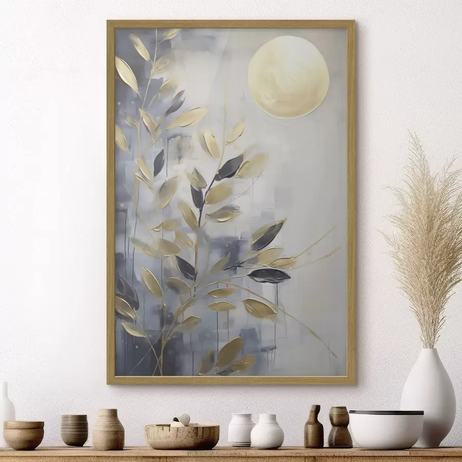 Papier peint Branches abstraites avec des feuilles, imitation d'un tableau f50842