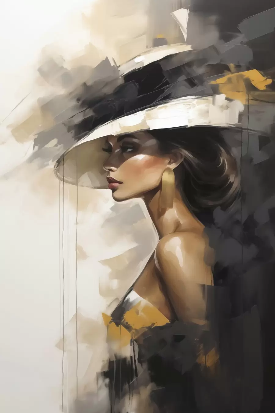 Papier peint Jeune femme abstraite coiffée d'un chapeau, imitant un tableau f50845