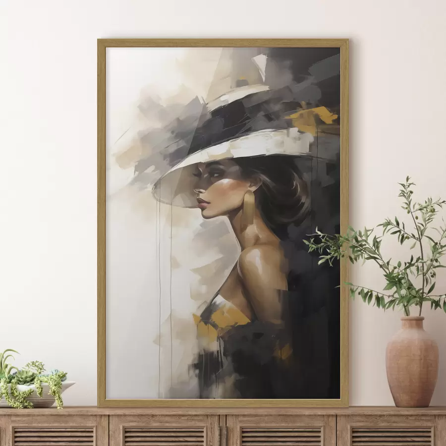 Papier peint Jeune femme abstraite coiffée d'un chapeau, imitant un tableau f50845