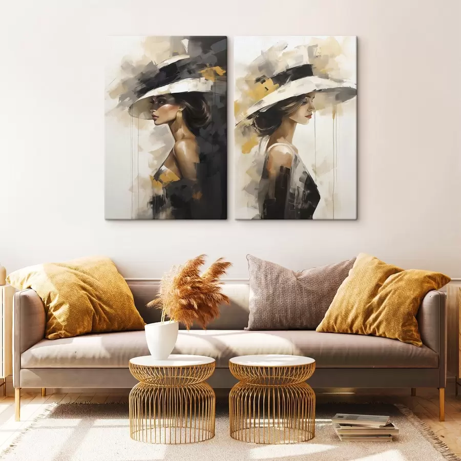 Tableau Jeune femme abstraite coiffée d'un chapeau, imitant un tableau m31026