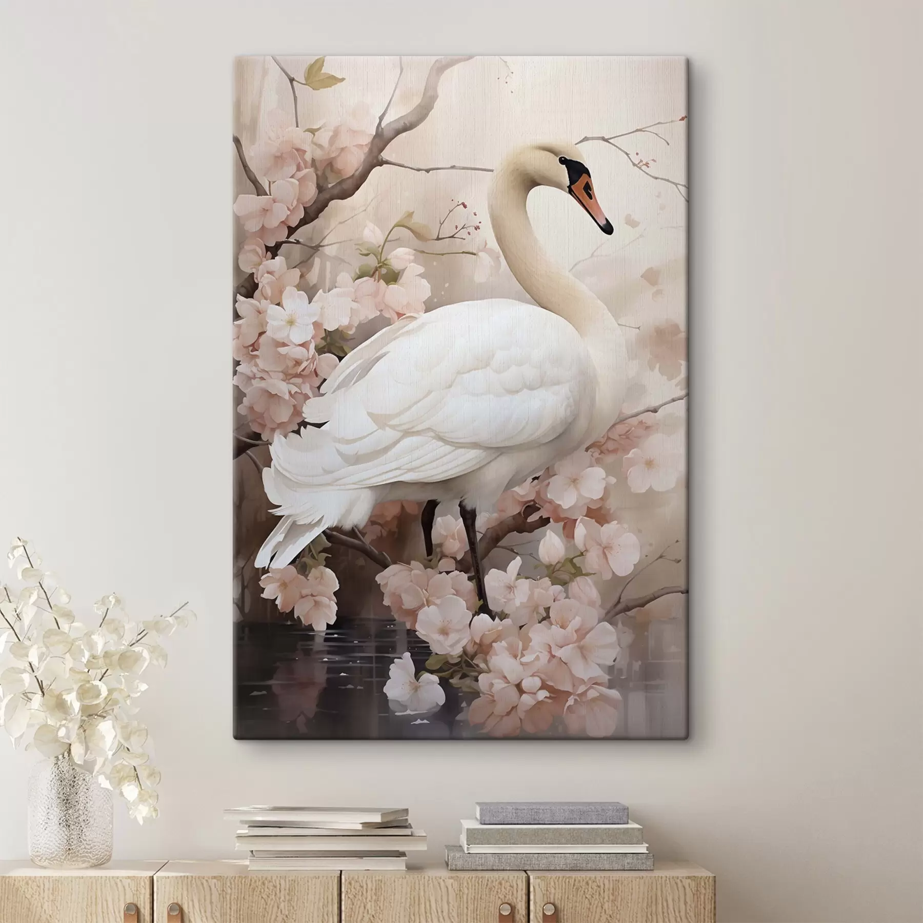 Tableau Cygne blanc dans un jardin en fleurs s50743