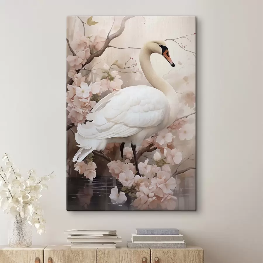 Tableau Cygne blanc dans un jardin en fleurs s50743