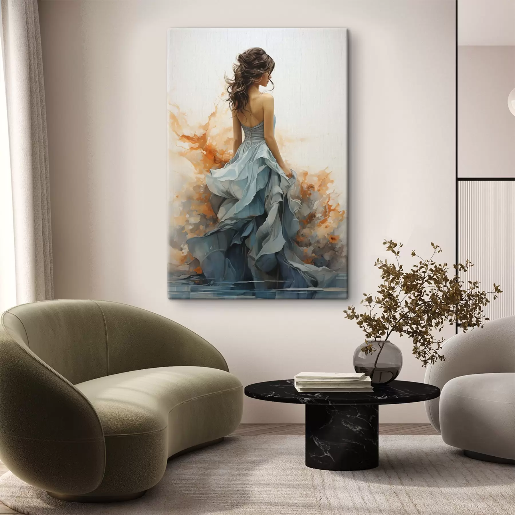 Tableau Femme en robe bleue vaporeuse s50747