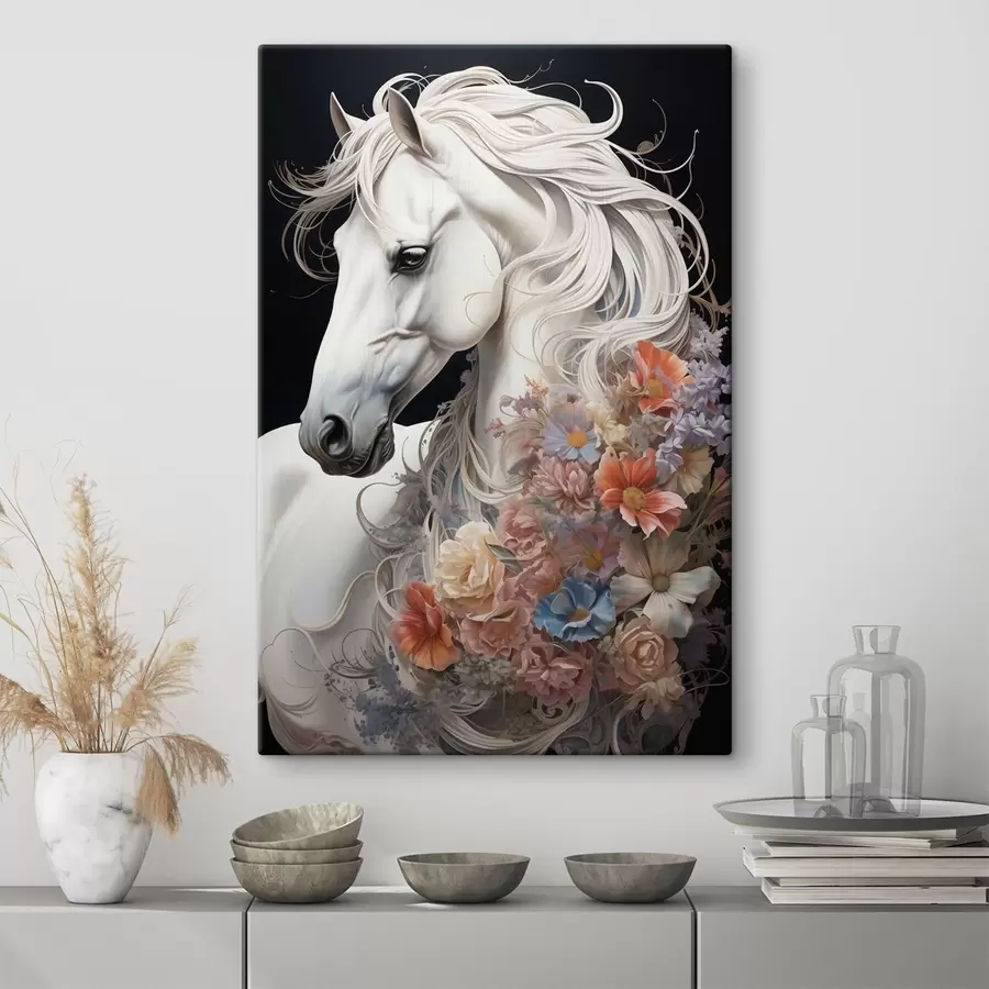 Tableau Cheval blanc comme neige à la crinière flamboyante s50762