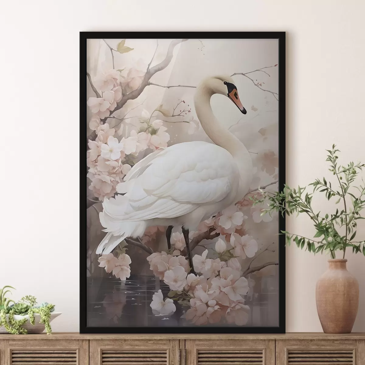 Poster Cygne blanc dans un jardin en fleurs f50743