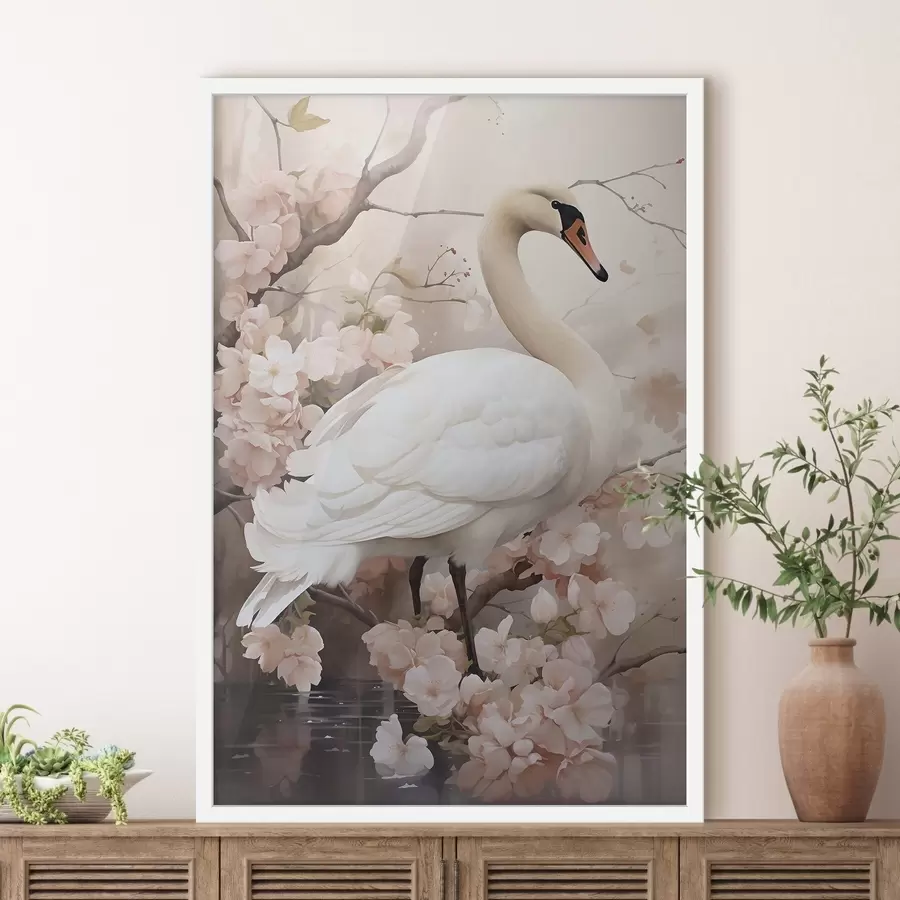 Papier peint Cygne blanc dans un jardin en fleurs f50743