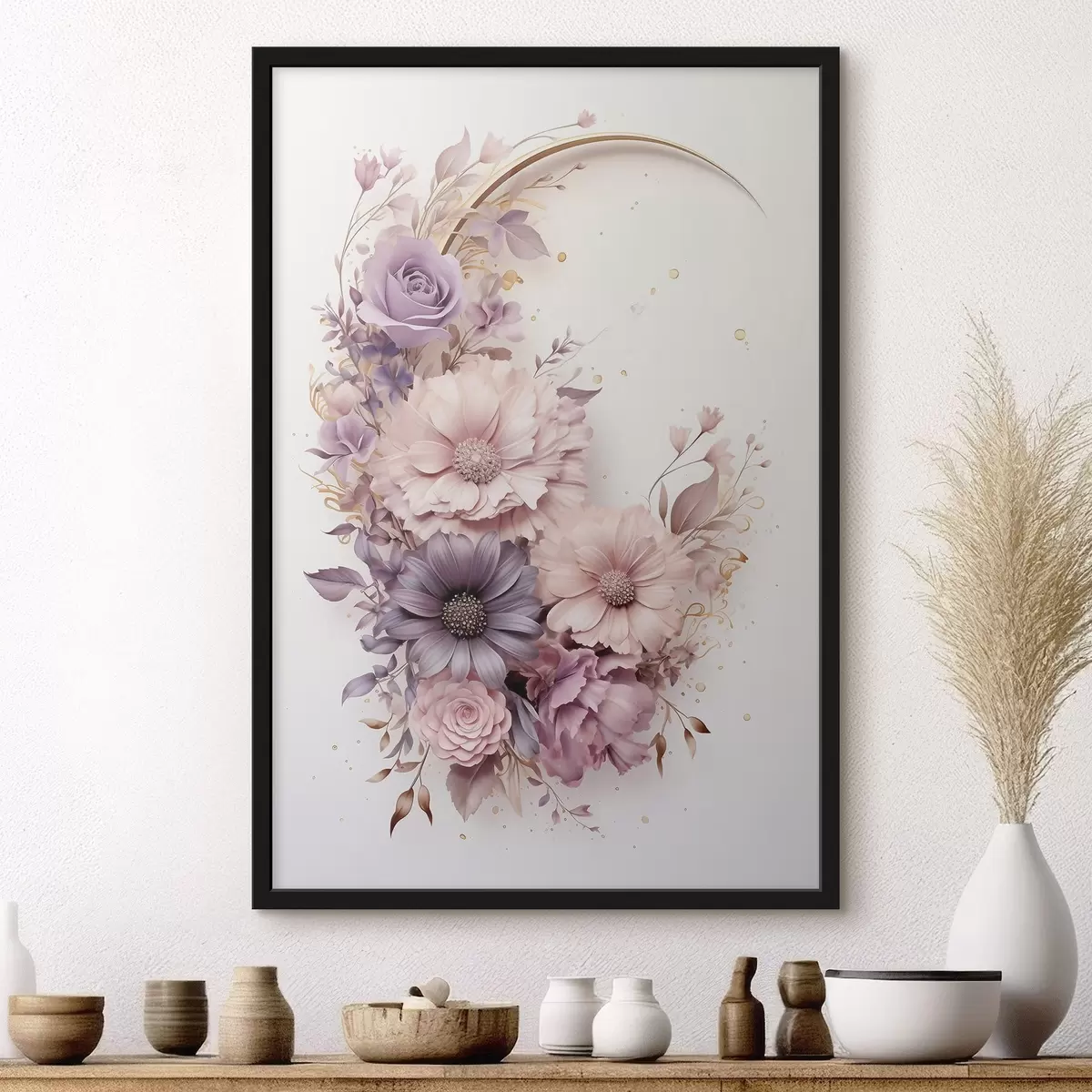 Poster Croissant de lune violet et pivoines f50760