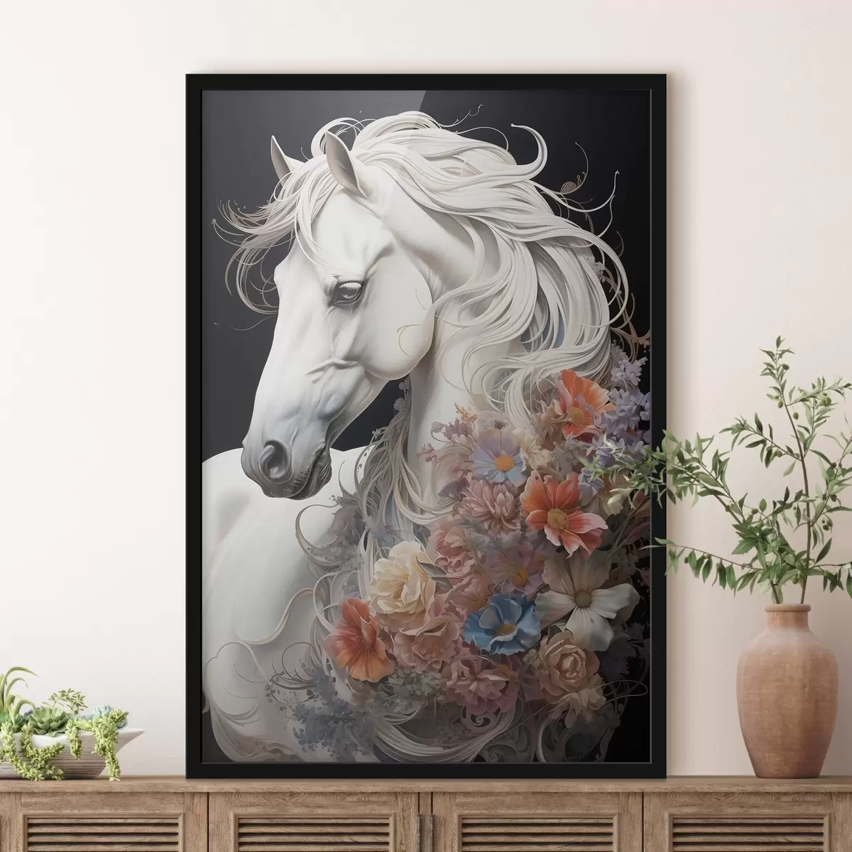 Poster Cheval blanc comme neige à la crinière flamboyante f50762