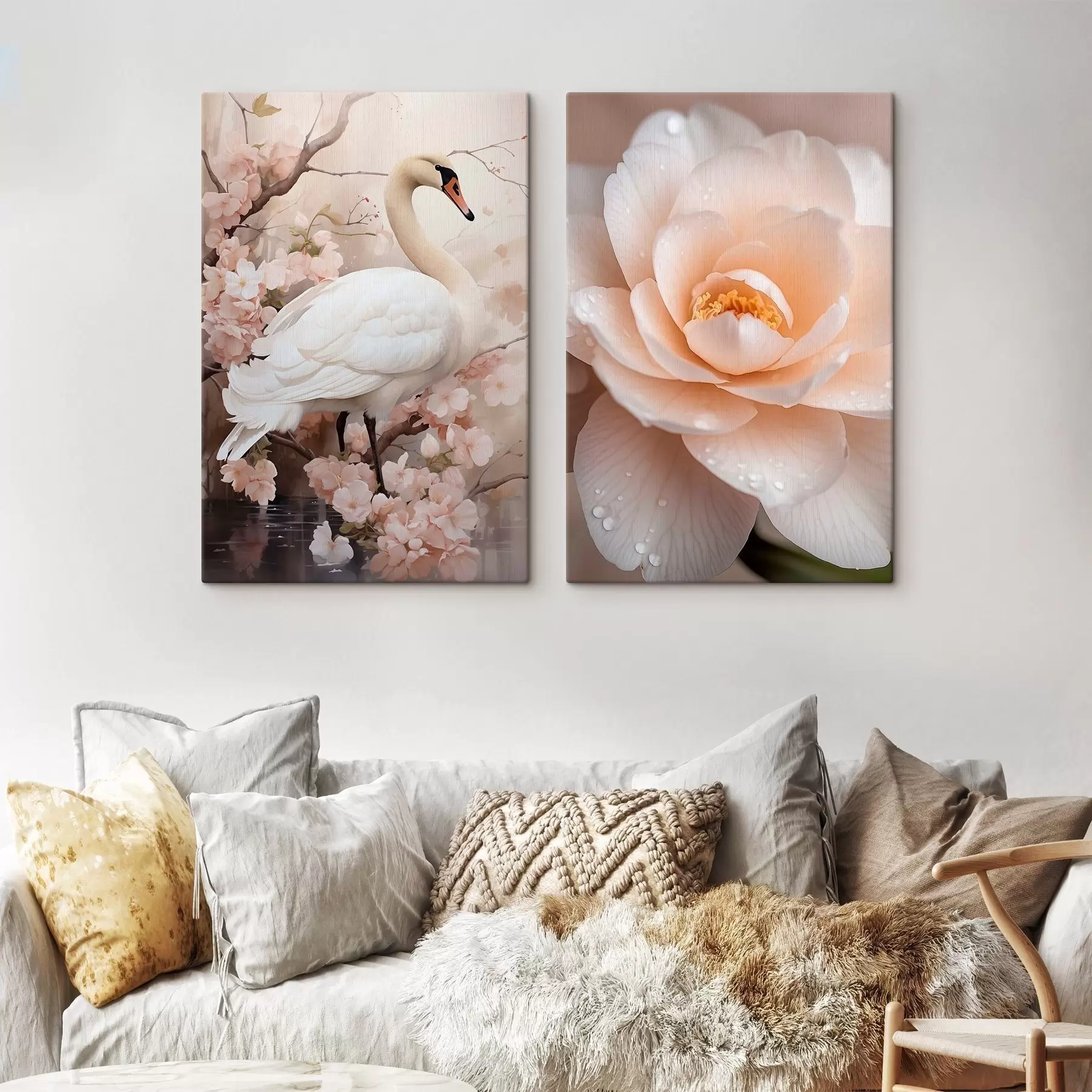 Tableau Cygne blanc et rose poudré m30999