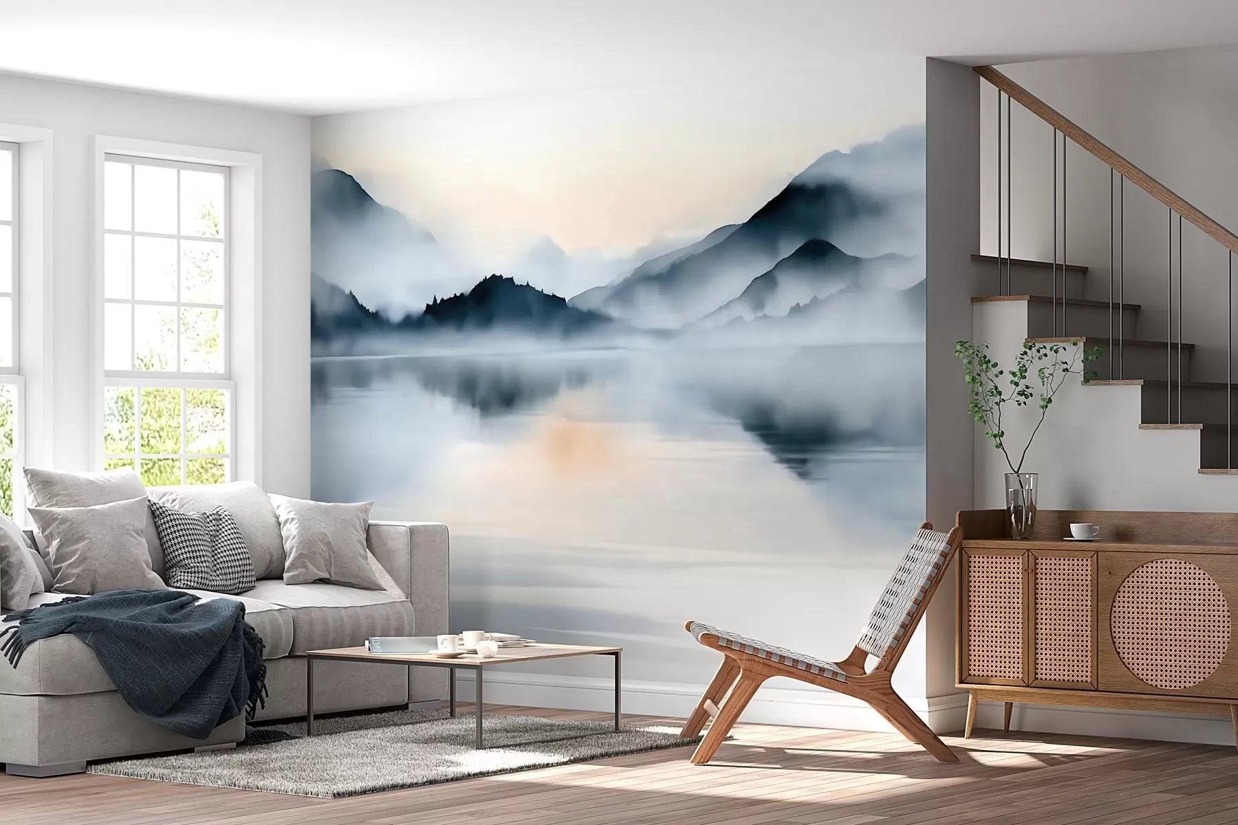 Papier peint Un lac avec, en arrière-plan, des montagnes brumeuses, dans un style aquarelle w10078