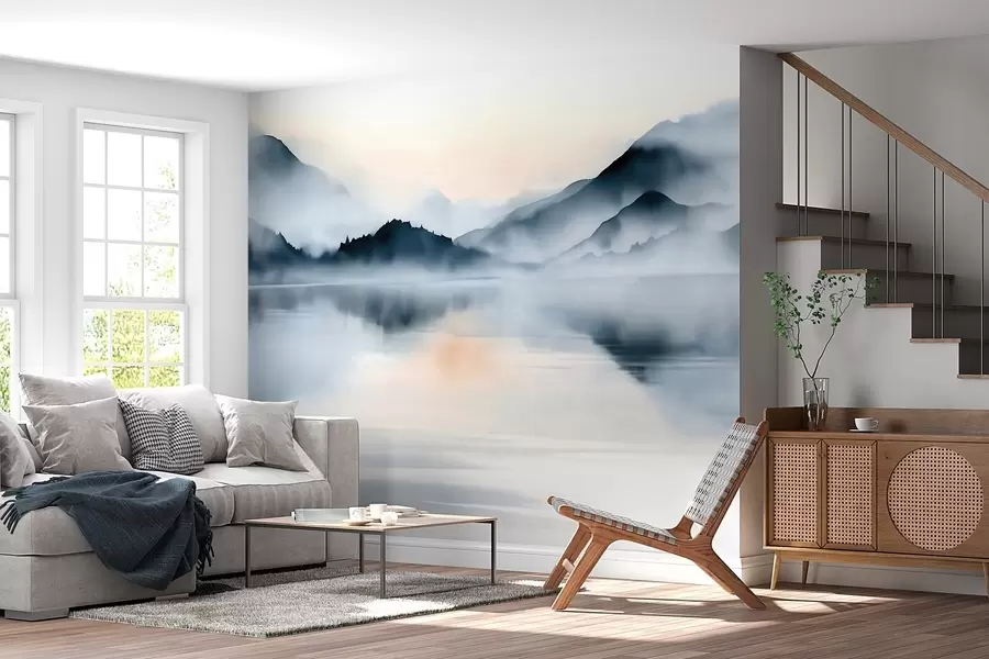Papier peint Un lac avec, en arrière-plan, des montagnes brumeuses, dans un style aquarelle w10078