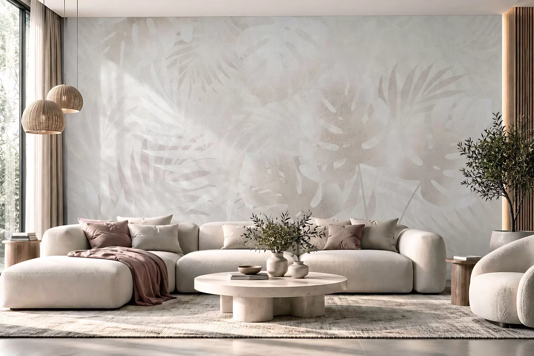 Papier peint Feuilles tropicales avec un effet grunge dans des tons beige poudré w10080