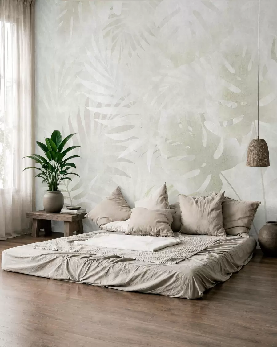 Papier peint Feuilles tropicales avec un effet grunge dans des tons beiges neutres w10080v1