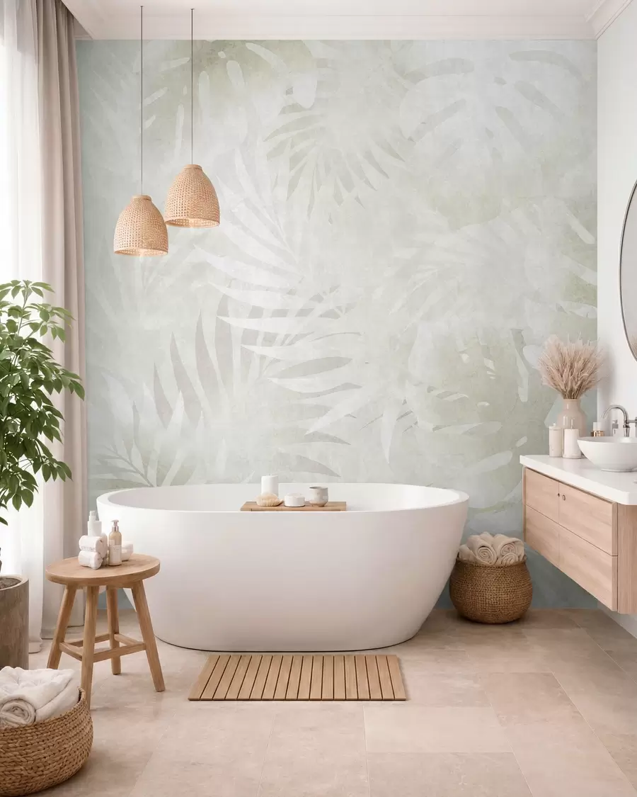 Papier peint Feuilles tropicales avec un effet grunge dans des tons beiges neutres w10080v1
