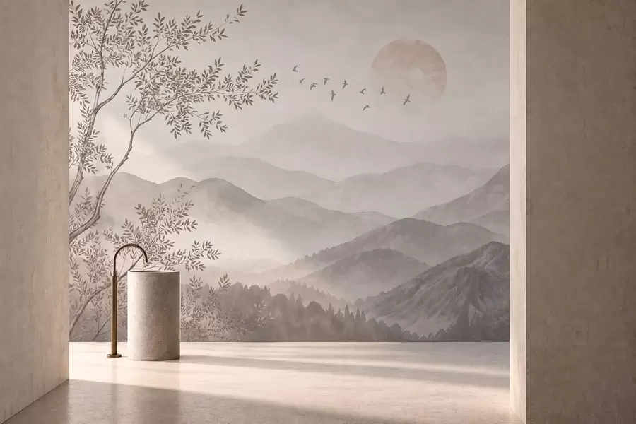 Papier peint Des montagnes brumeuses avec un arbre, des oiseaux et le soleil w05924v1