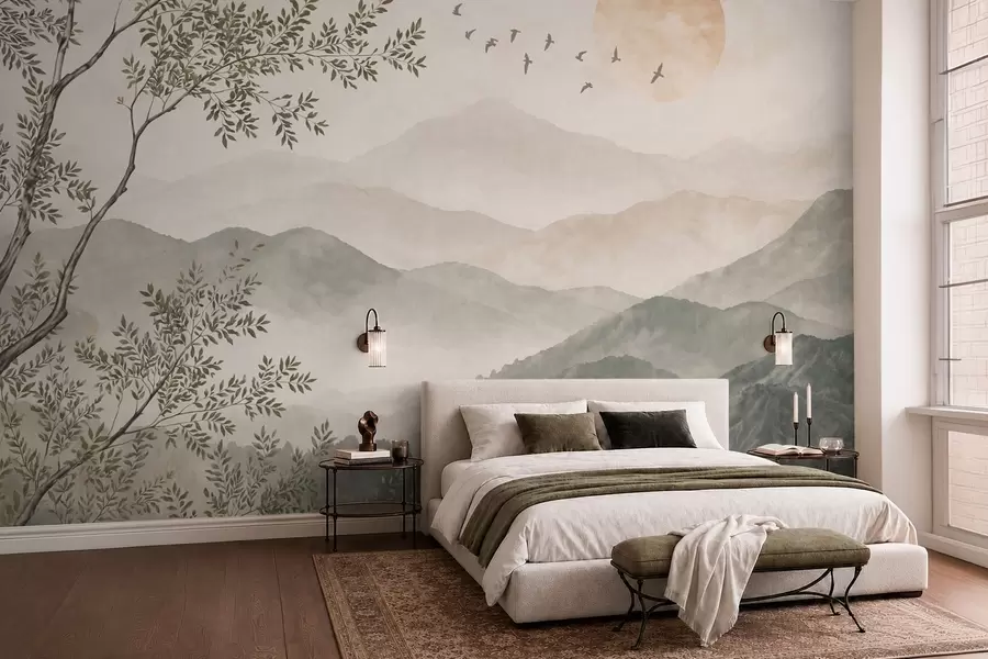 Papier peint Paysage de montagne avec un arbre, des oiseaux et le soleil w05924