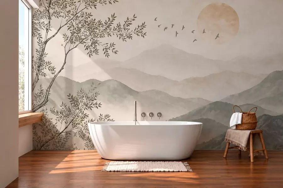 Papier peint Paysage de montagne avec un arbre, des oiseaux et le soleil w05924