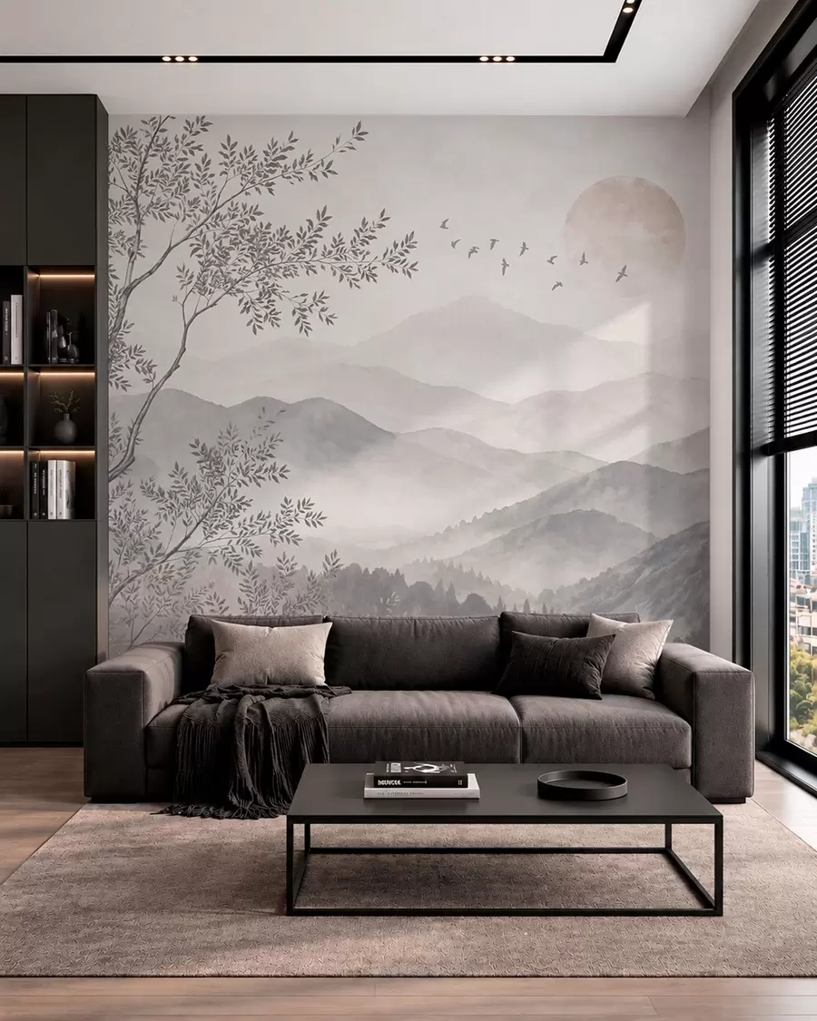 Papier peint Paysage de montagne aux teintes pâles, avec un arbre et des oiseaux w05924v2