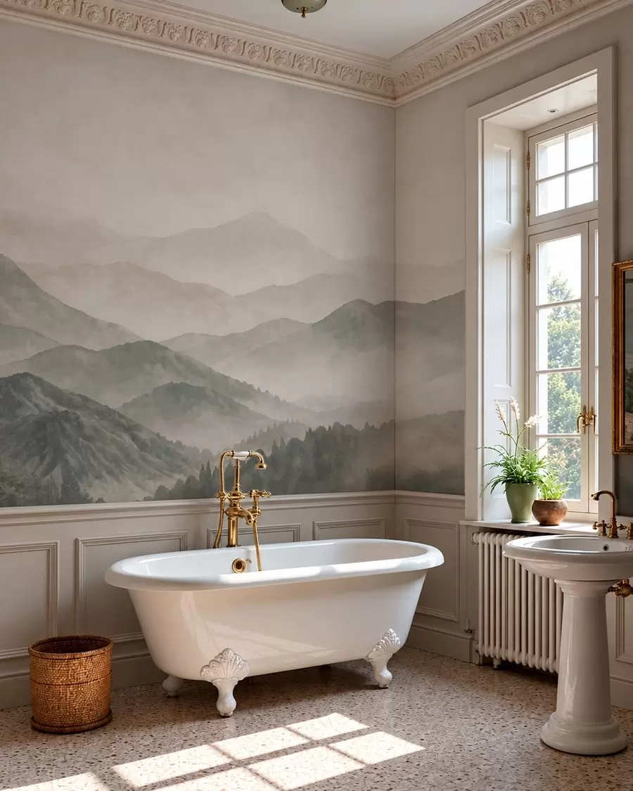 Papier peint Des crêtes montagneuses en cascade, enveloppées d'une légère brume w05925v2