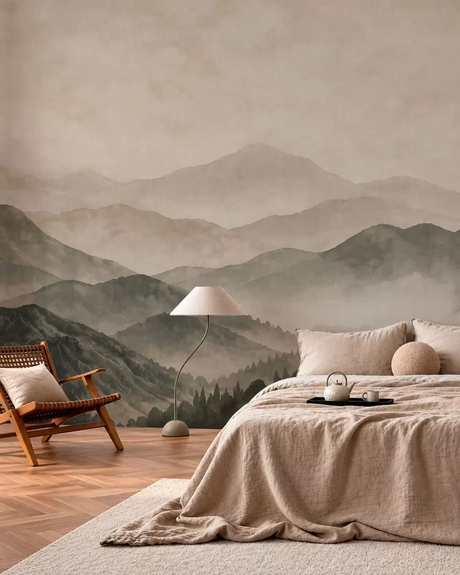 Papier peint Crêtes montagneuses brumeuses et forêt sombre w05925v3