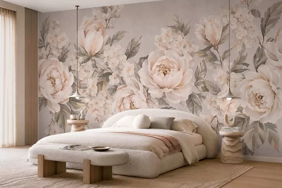 Papier peint De délicates fleurs couleur crème et des feuilles vertes dans une palette de couleurs pastel w05926