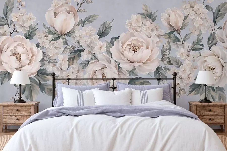 Papier peint De délicates fleurs pâles accompagnées de feuilles sur fond bleu w05926v1