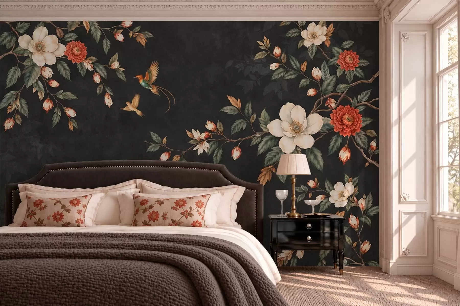 Papier peint Des branches en fleurs et deux oiseaux sur un fond sombre w05927