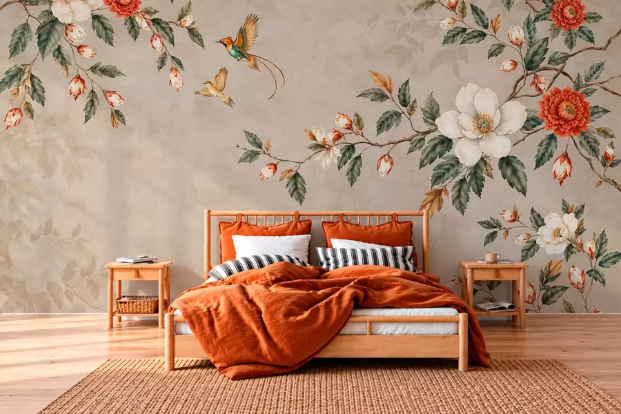 Papier peint Des branches fleuries et deux oiseaux sur fond beige w05927v2