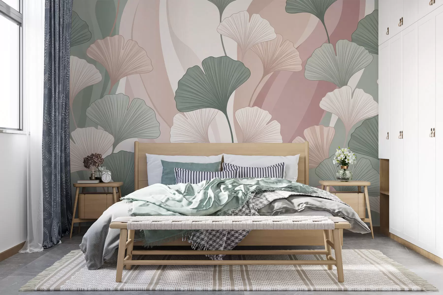 Papier peint Feuilles de ginkgo aux couleurs pastel sur un fond abstrait dans des tons de vert, crème, beige et rose poudré w10040