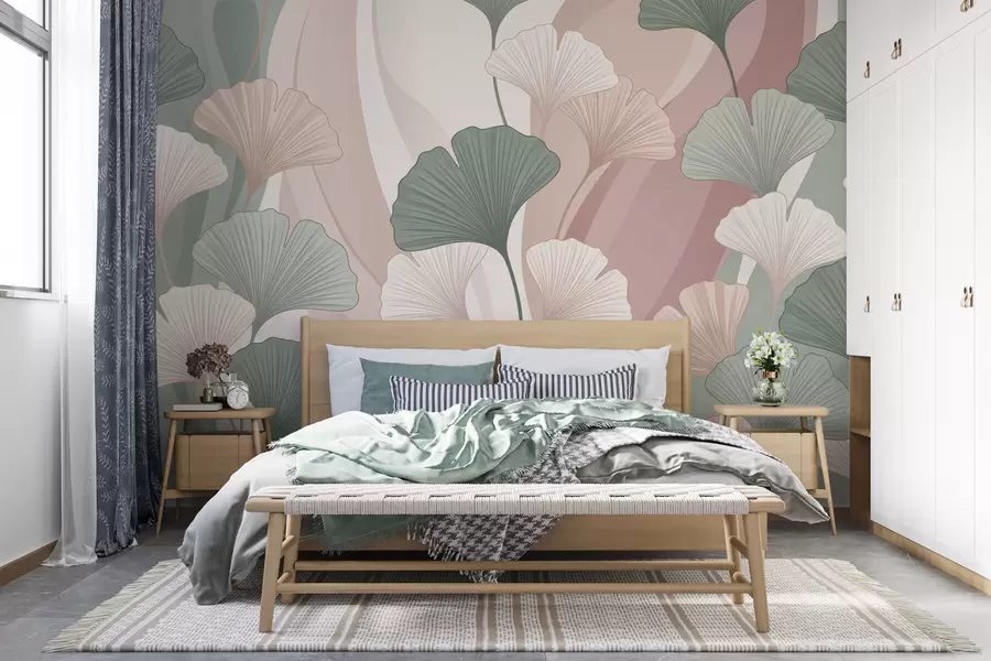 Papier peint Feuilles de ginkgo aux couleurs pastel sur un fond abstrait dans des tons de vert, crème, beige et rose poudré w10040
