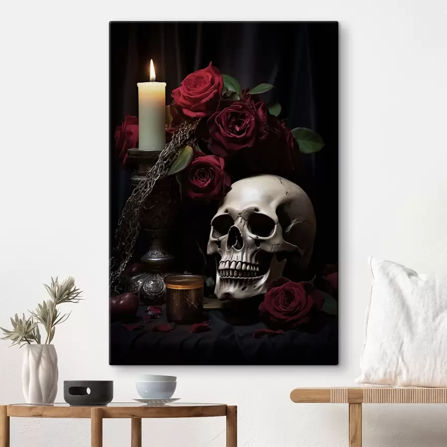 Tableau Nature morte gothique avec une bougie et un crâne s50908