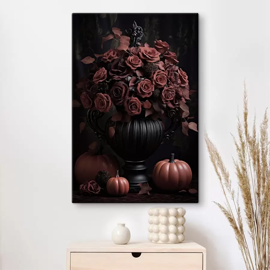 Tableau Roses bordeaux et citrouille dans un vase foncé s50913