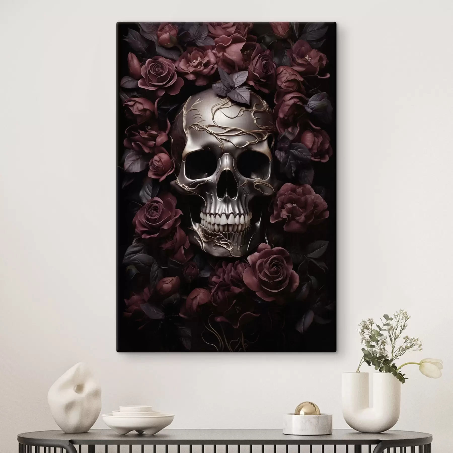 Tableau Crâne parmi les roses bordeaux s50914