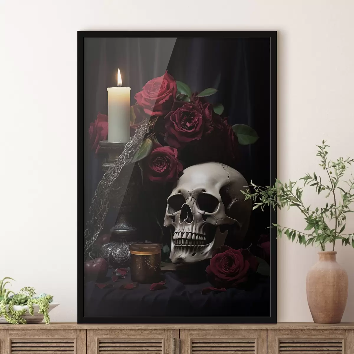 Poster Nature morte gothique avec une bougie et un crâne f50908