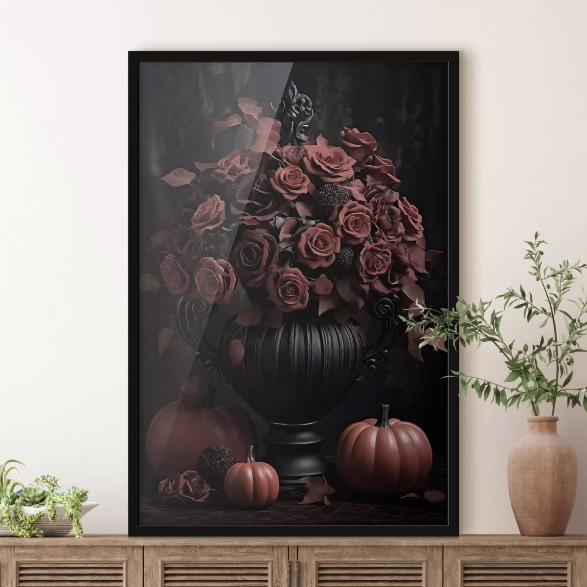 Poster Roses bordeaux et citrouille dans un vase foncé f50913