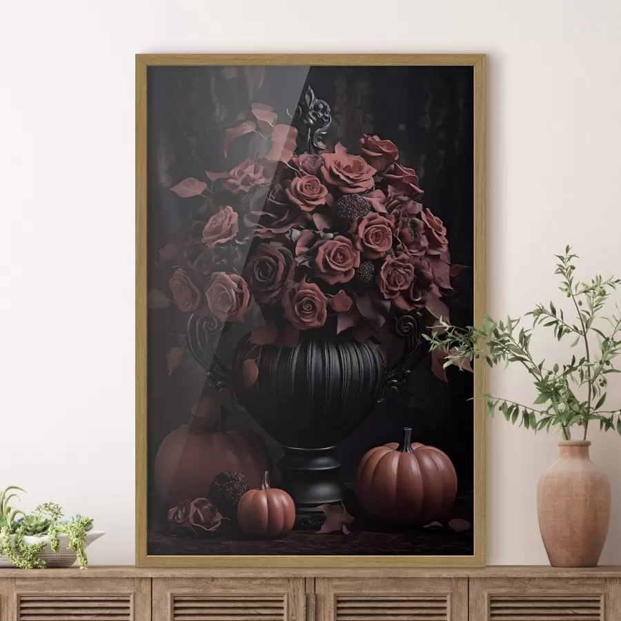 Papier peint Roses bordeaux et citrouille dans un vase foncé f50913