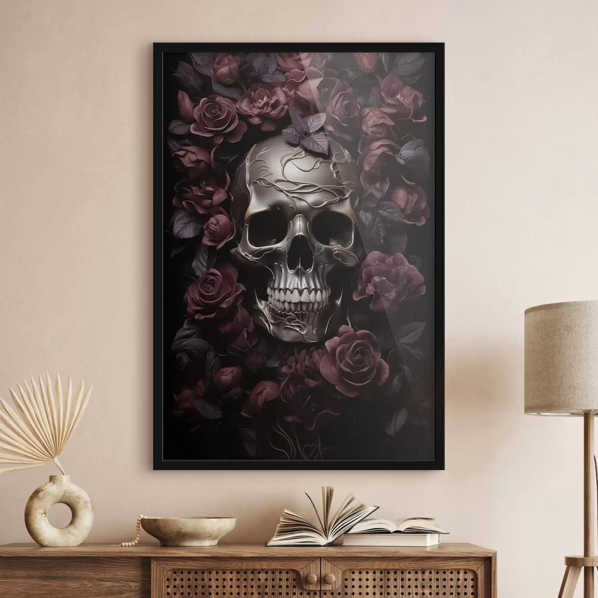 Poster Relief mystérieux représentant un crâne parmi des roses de Bourgogne f50914
