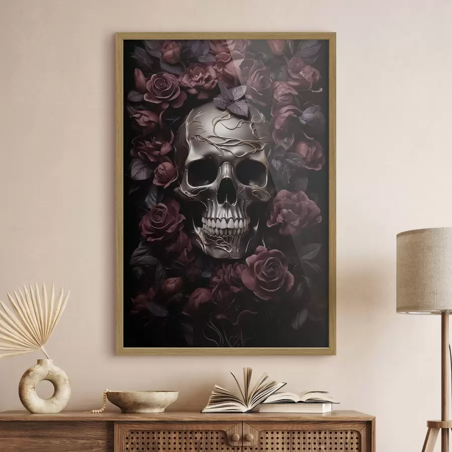 Papier peint Relief mystérieux représentant un crâne parmi des roses de Bourgogne f50914