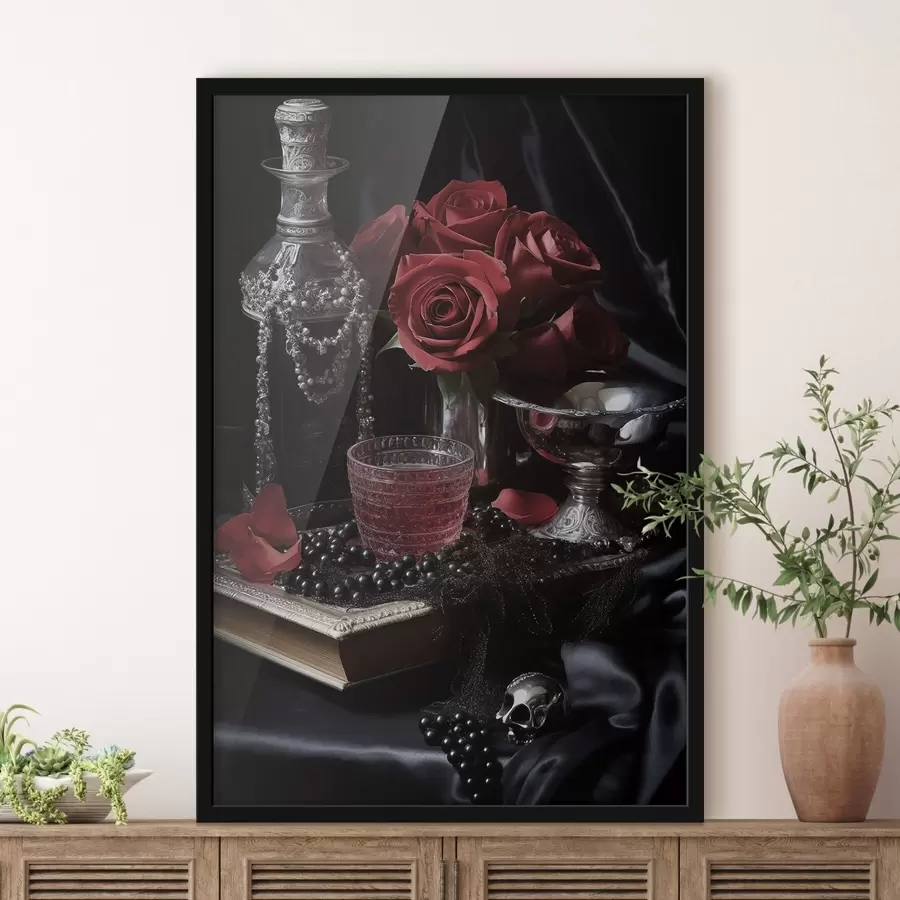 Papier peint Nature morte vintage avec un verre et des roses f50915