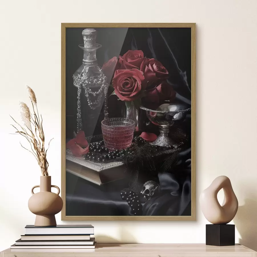 Papier peint Nature morte vintage avec un verre et des roses f50915