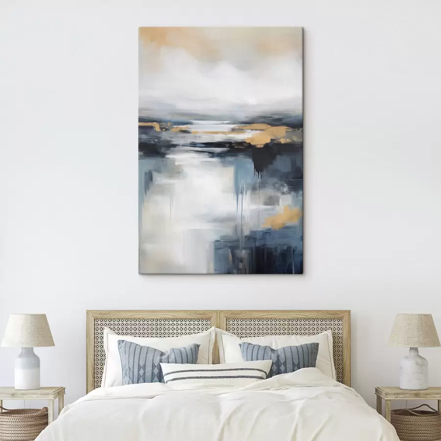 Tableau Paysage abstrait aux tons bleus, gris et jaunes, imitant une peinture texturée s50945