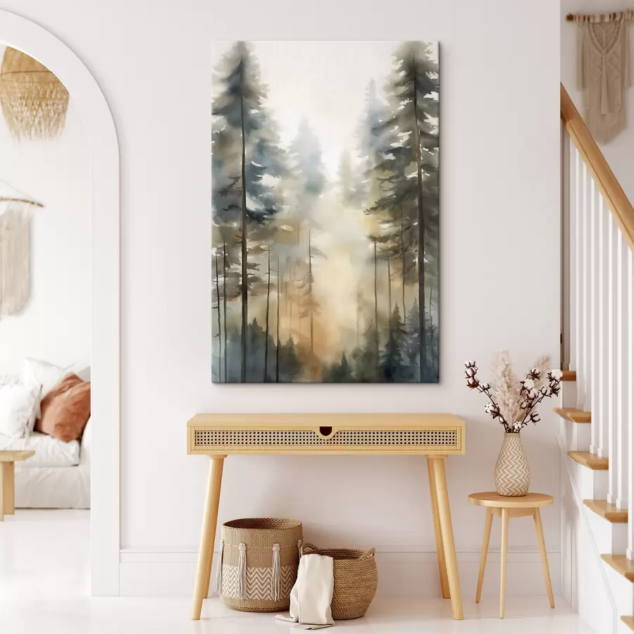 Tableau De grands pins dans une forêt brumeuse baignée de lumière ensoleillée s50948