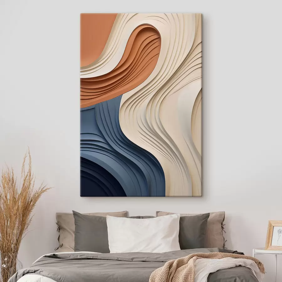 Tableau Couches abstraites et ondulées dans des tons crème, bleu et orange, œuvre d'art moderne texturée s50950