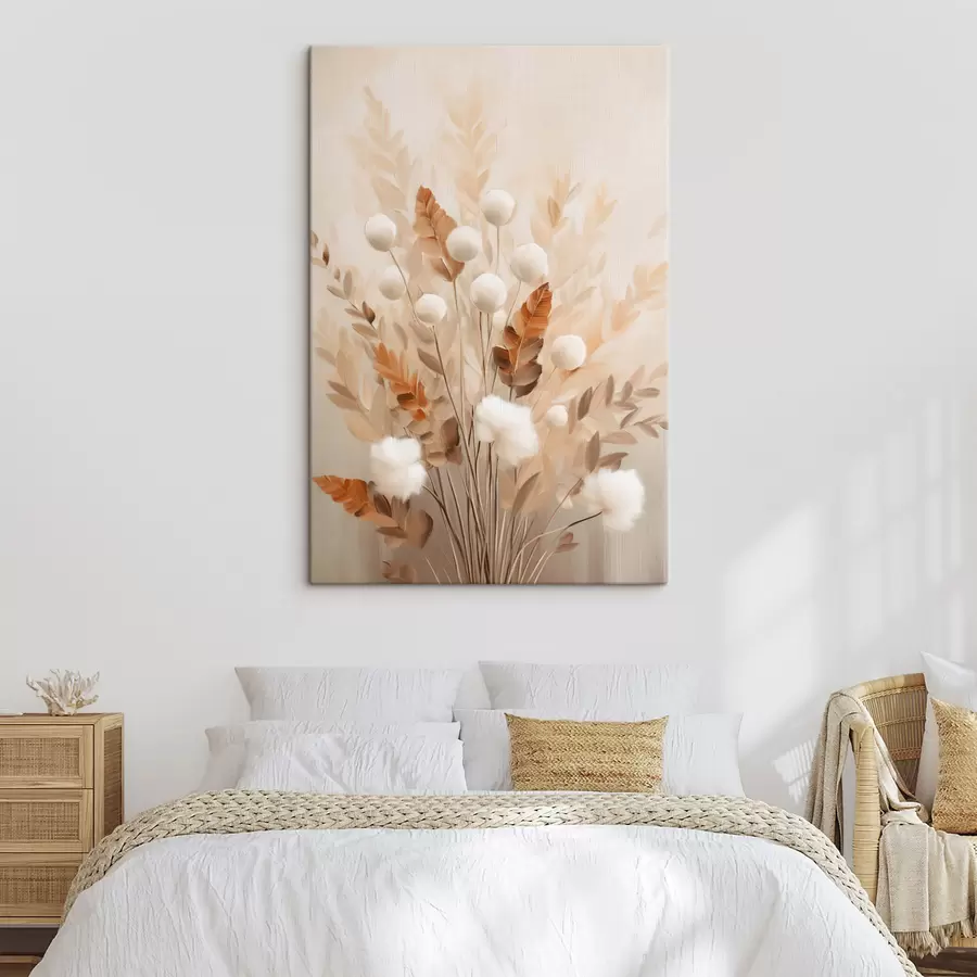 Tableau Un bouquet de fleurs blanches duveteuses et de feuilles d'oranger séchées, aux couleurs douces et discrètes s50951